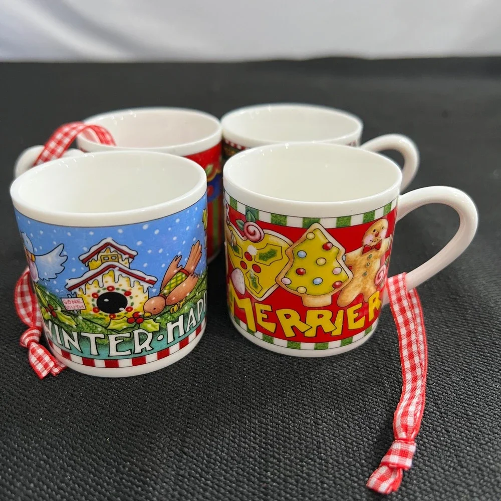 ME Ink Mary Engelbreit Mini Mug Christmas Ornaments Set of 4 Gingerbread Winter